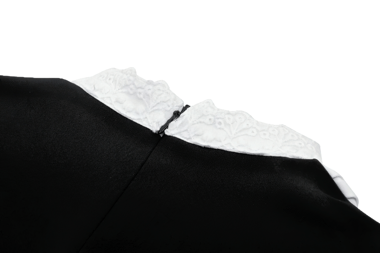 Back view of elegant black dress with white ruffled collar and bow detailing, perfect for special occasions.