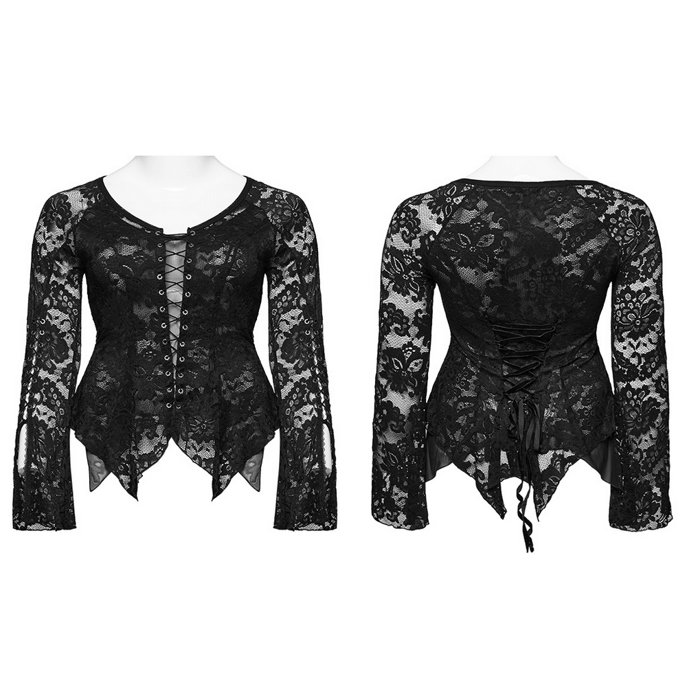 Elegant black long-sleeve lace V-neck top with adjustable straps and unique lace detailing for women.