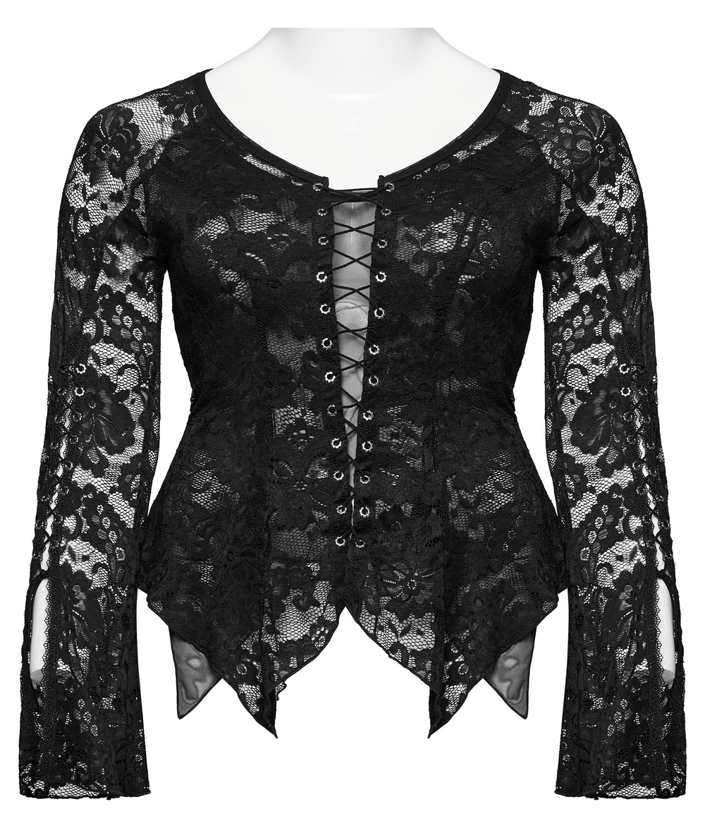 Elegant long-sleeve black lace V-neck top with adjustable straps, perfect for chic occasions.