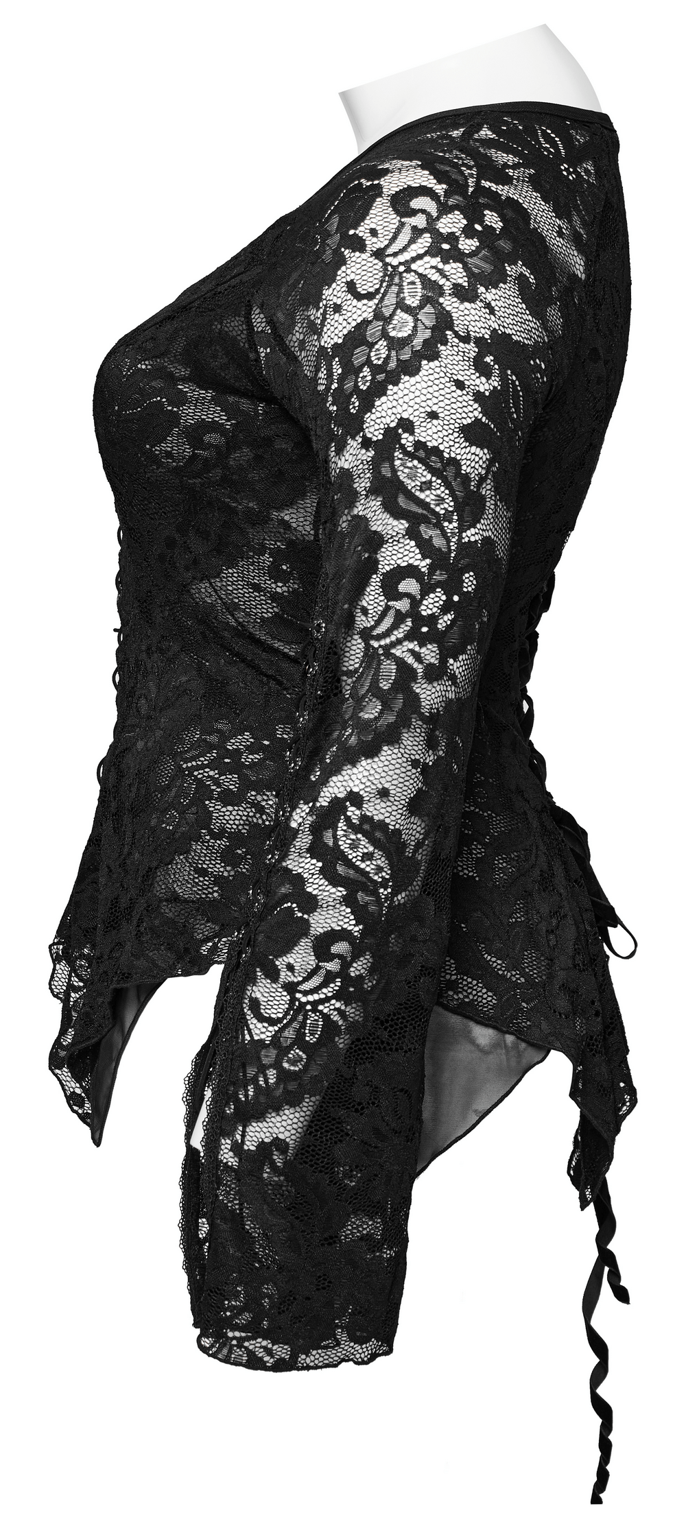 Elegant long-sleeve lace V-neck top for women showcasing adjustable straps and a chic, slightly transparent design.