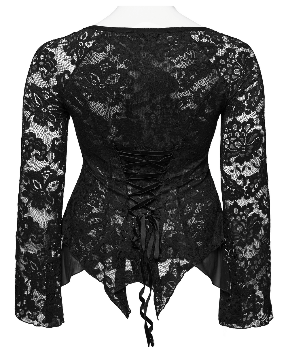 Back view of Women's chic long-sleeve black lace top with adjustable straps and elegant floral design.