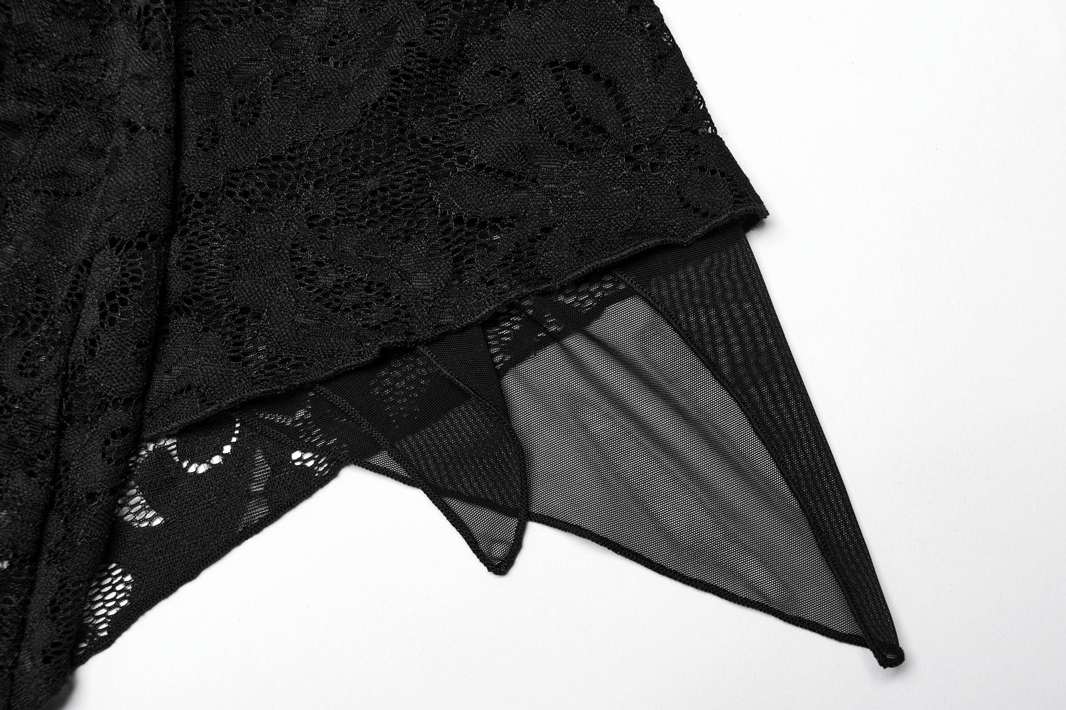 Close-up of elegant black lace top showing intricate lace pattern and slightly transparent design.