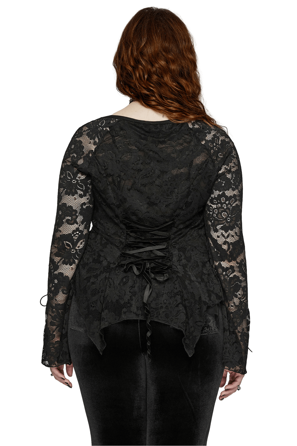 Chic women's black lace long-sleeve V-neck top with adjustable straps, showcasing a stylish back design.
