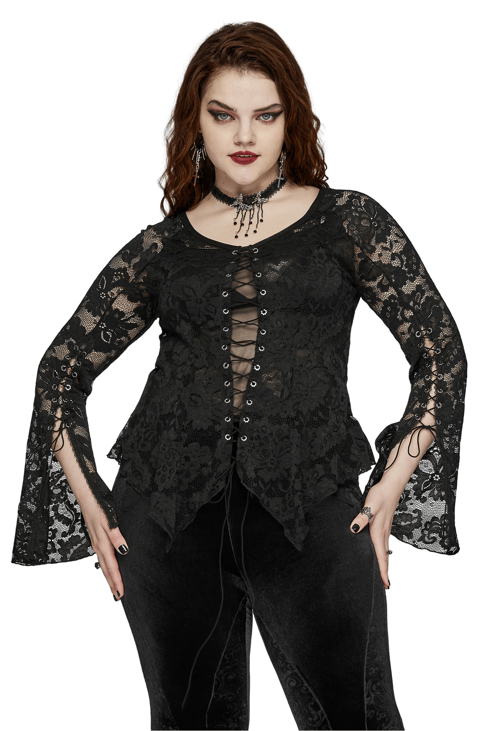 Chic black long-sleeve lace V-neck top for women with adjustable straps and bell sleeves.