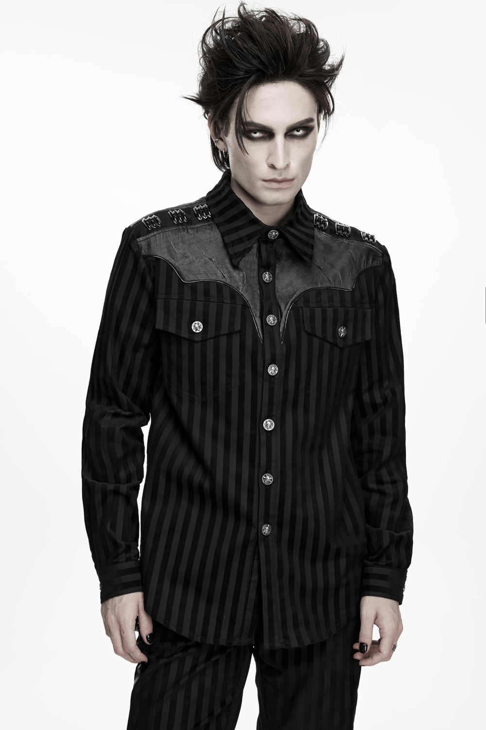 Elegant Male Gothic Black Striped Long Sleeve Shirt with skull buttons, epaulets, and punk edge