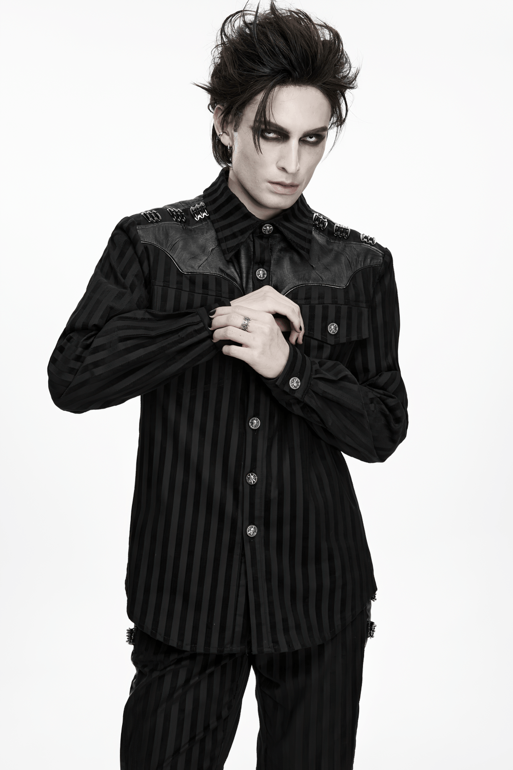 Elegant Male Gothic Black Striped Long Sleeve Shirt with skull buttons, faux-leather panels, and metal epaulets