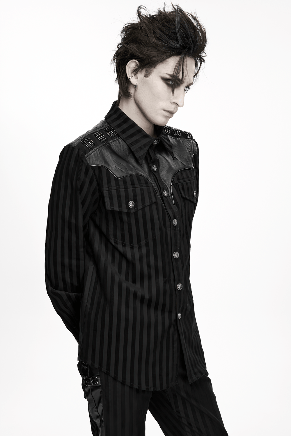 Elegant Male Gothic Black Striped Long Sleeve Shirt with skull buttons, epaulets, and punk flair