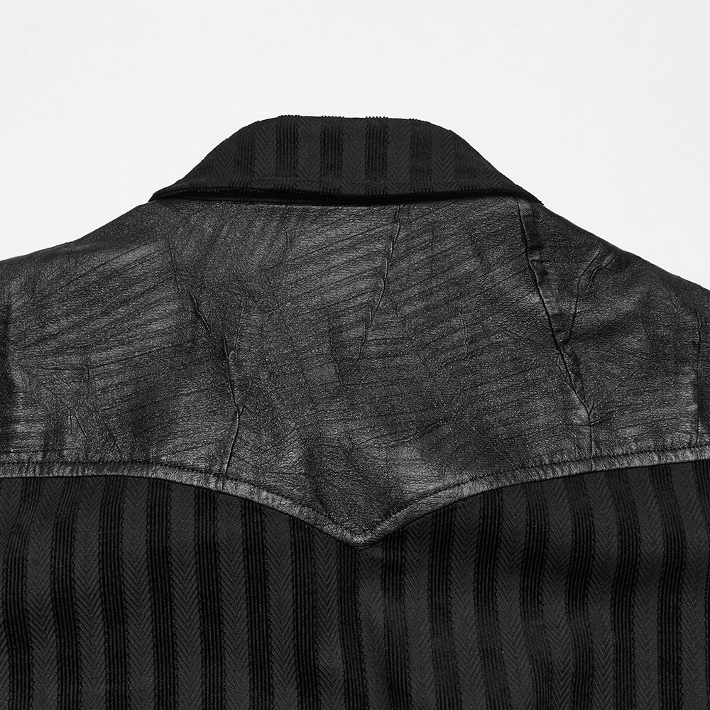 Elegant Male Gothic Black Striped Long Sleeve Shirt with faux-leather shoulder panel and punk gothic detail
