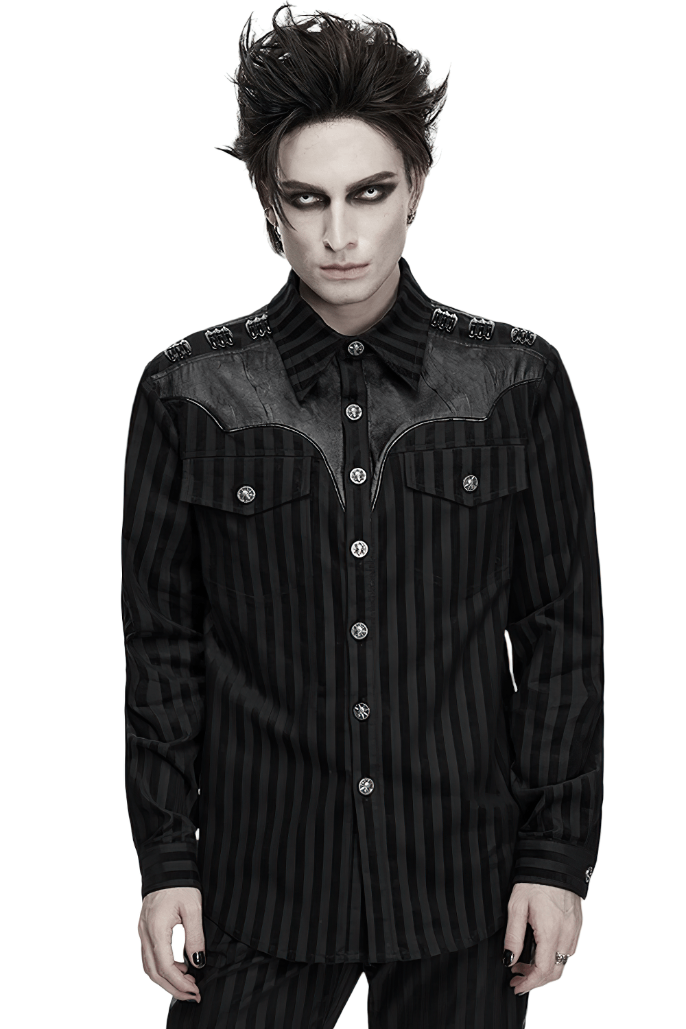 Elegant Male Gothic Black Striped Long Sleeve Shirt with skull buttons, epaulets, and punk gothic style