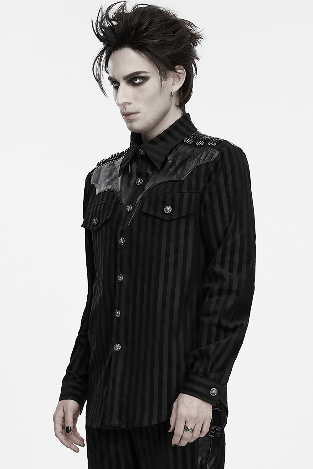 Elegant Male Gothic Black Striped Long Sleeve Shirt with skull buttons, epaulets, and punk-inspired faux-leather panels