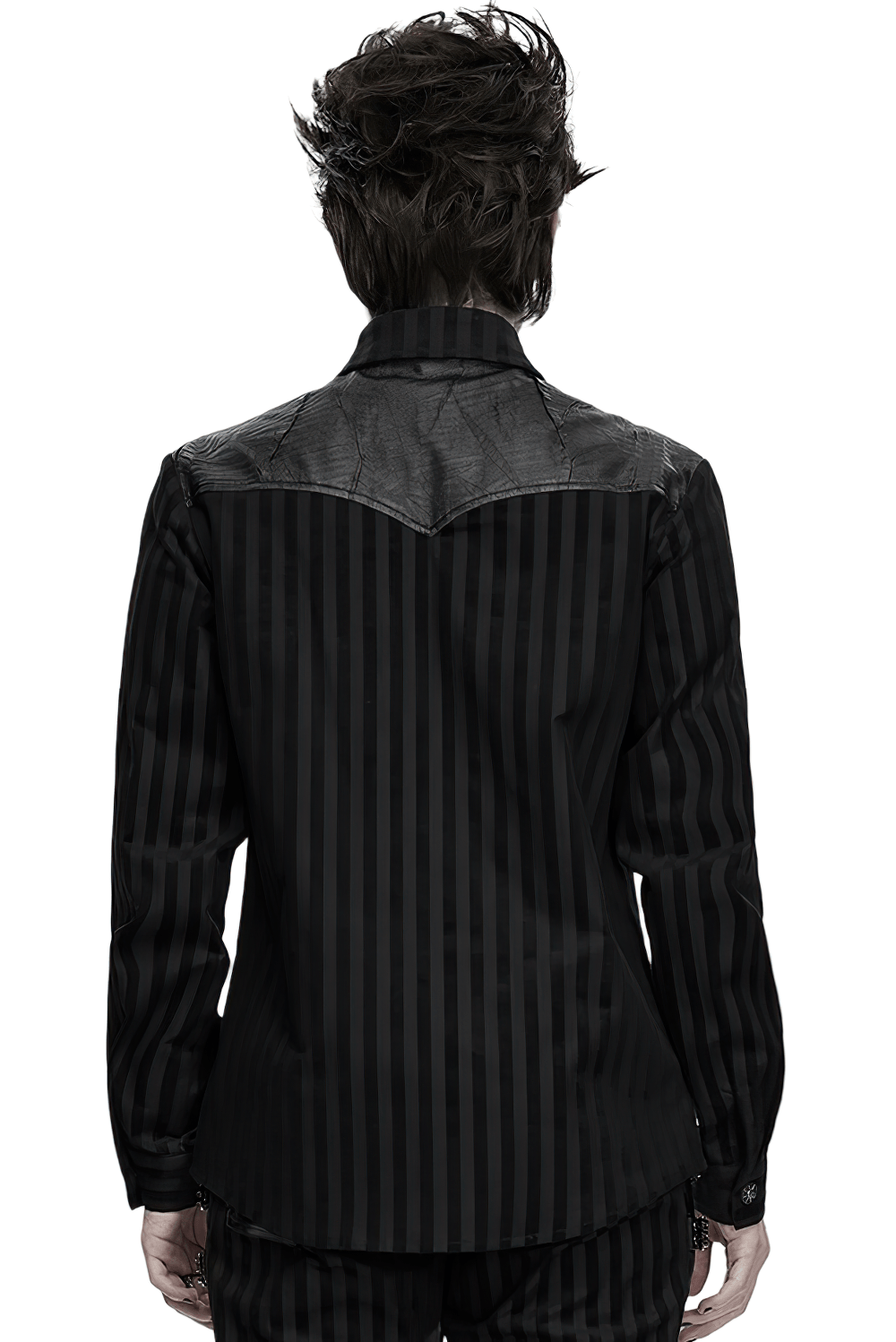 Elegant Male Gothic Black Striped Long Sleeve Shirt, back view with faux-leather yoke and punk striped detail