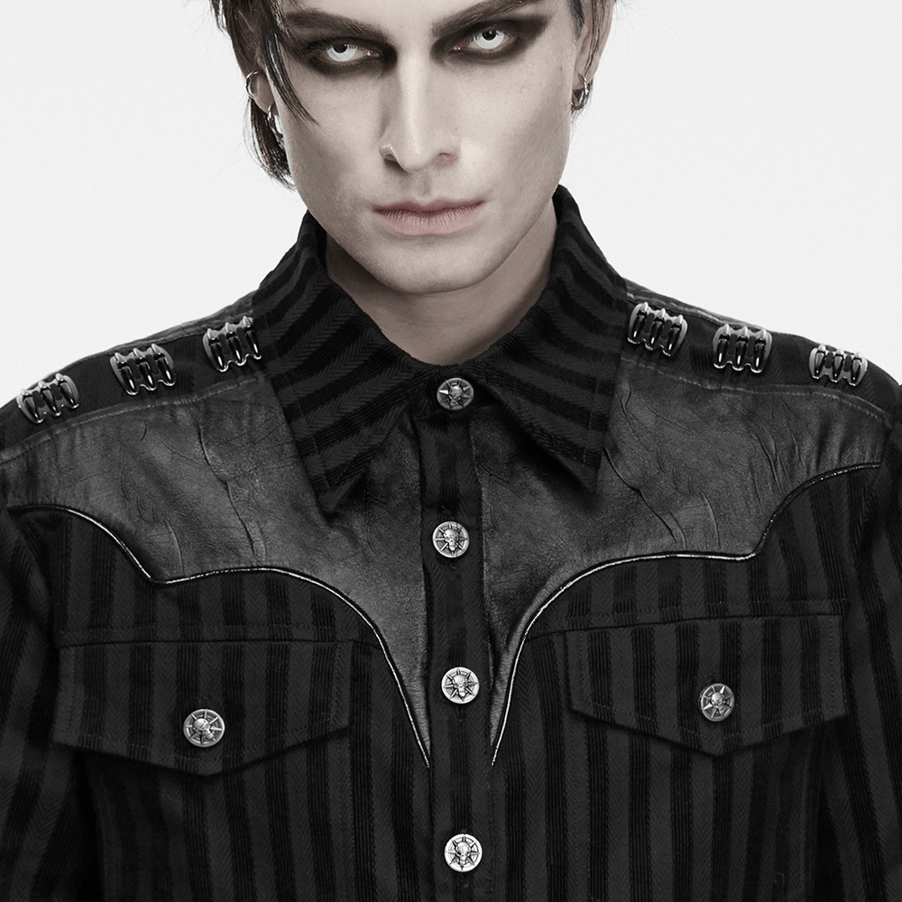 Elegant Male Gothic Black Striped Long Sleeve Shirt with skull buttons, epaulets, and punk black faux-leather details