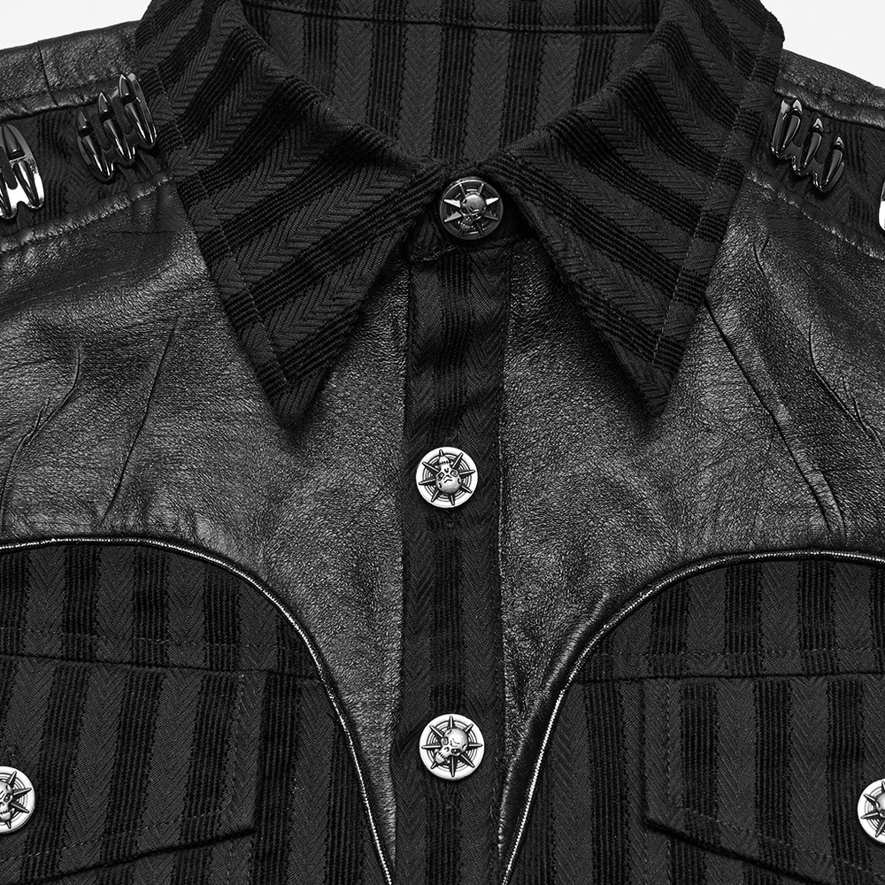 Elegant Male Gothic Black Striped Long Sleeve Shirt with skull buttons, faux-leather shoulders, and punk epaulets