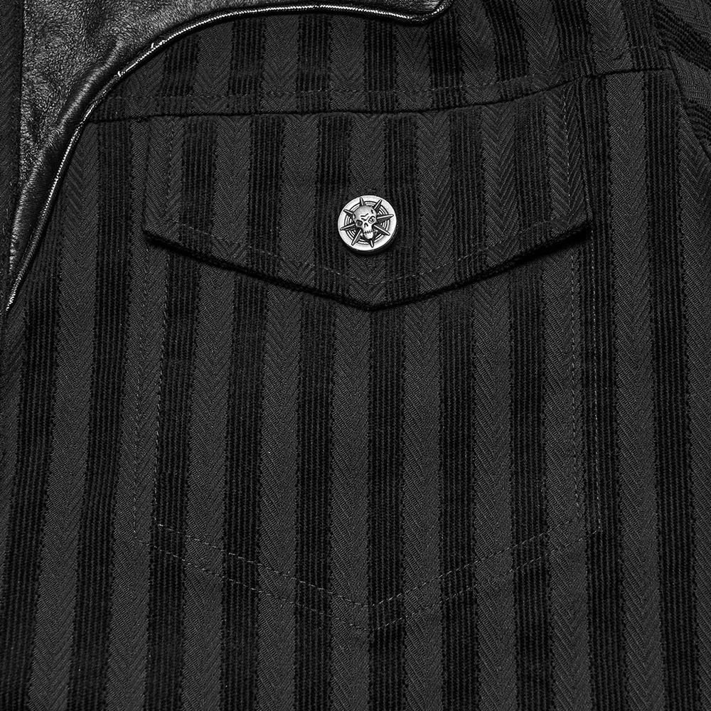 Elegant Male Gothic Black Striped Long Sleeve Shirt with skull button and black striped woven texture