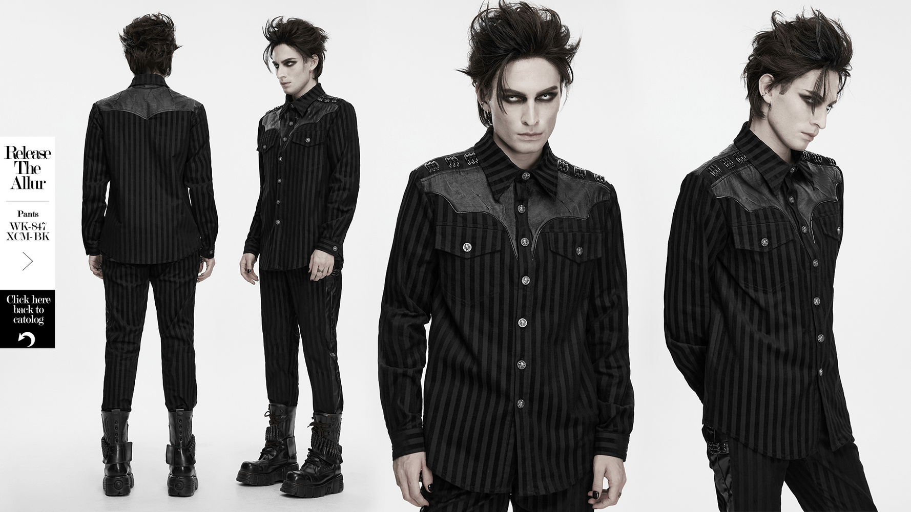 Elegant Male Gothic Black Striped Long Sleeve Shirt with skull buttons, epaulets, and punk edge