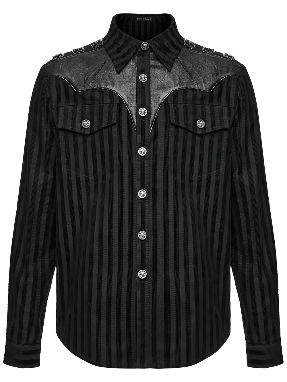Elegant Male Gothic Black Striped Long Sleeve Shirt with skull buttons, faux-leather shoulders, and epaulets