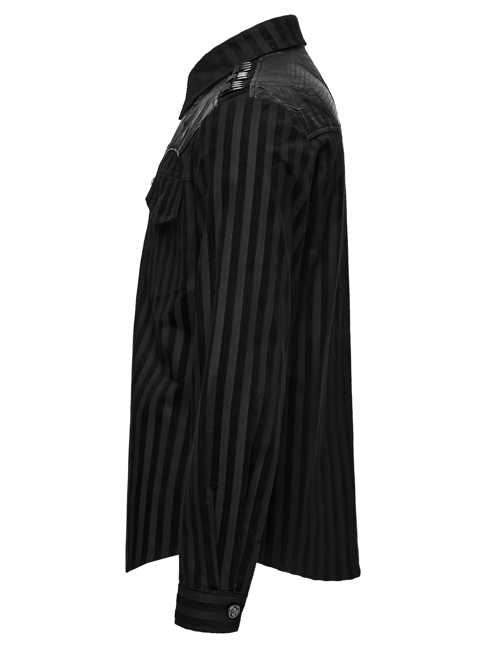 Elegant Male Gothic Black Striped Long Sleeve Shirt with skull buttons, epaulets, and punk striped detailing