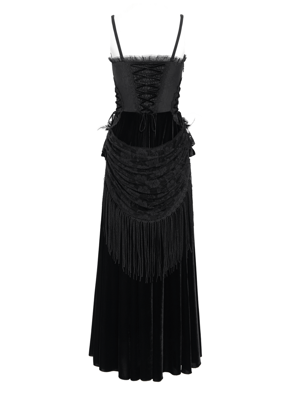 Elegant black maxi dress with lace corset and fringe detailing, perfect for formal occasions.