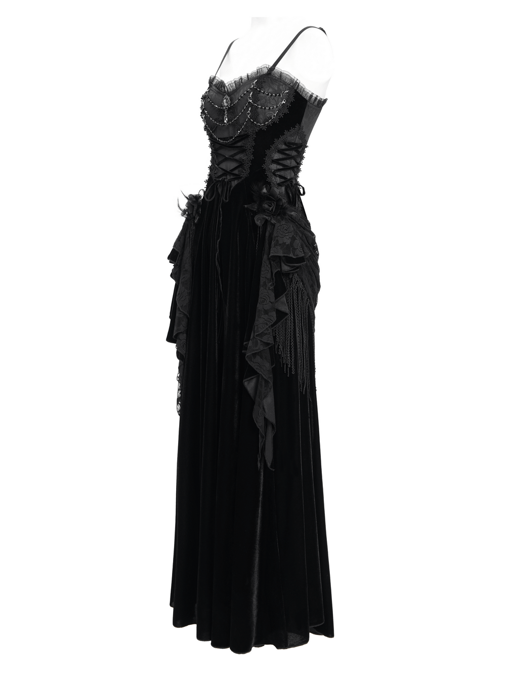 Elegant black maxi dress featuring a lace corset and intricate beaded details, perfect for special occasions.