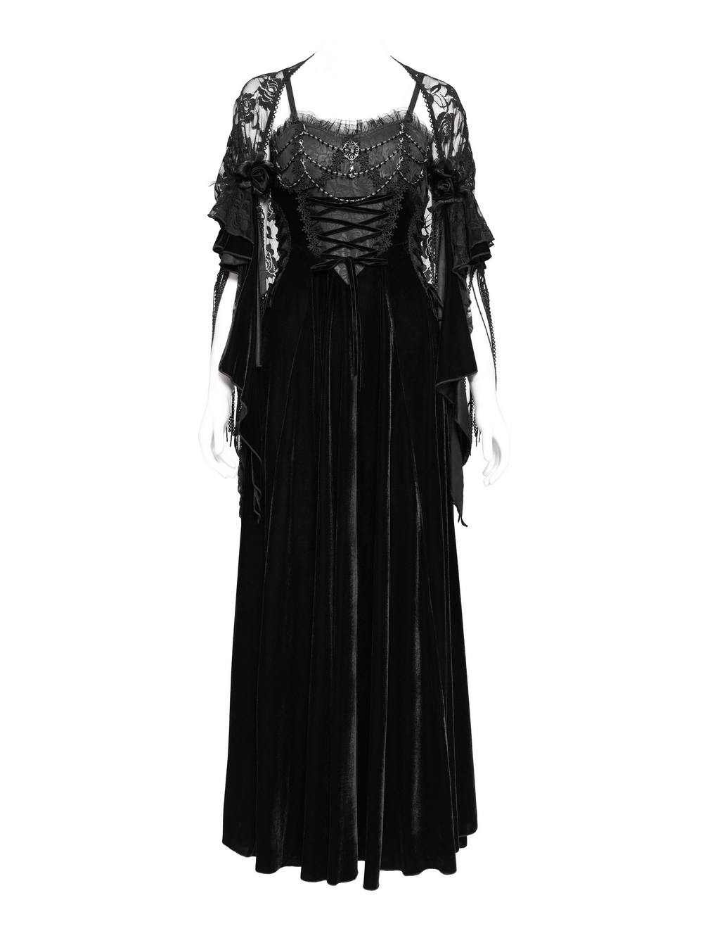 Elegant black maxi dress with lace corset and beaded details, perfect for special occasions and evening wear.