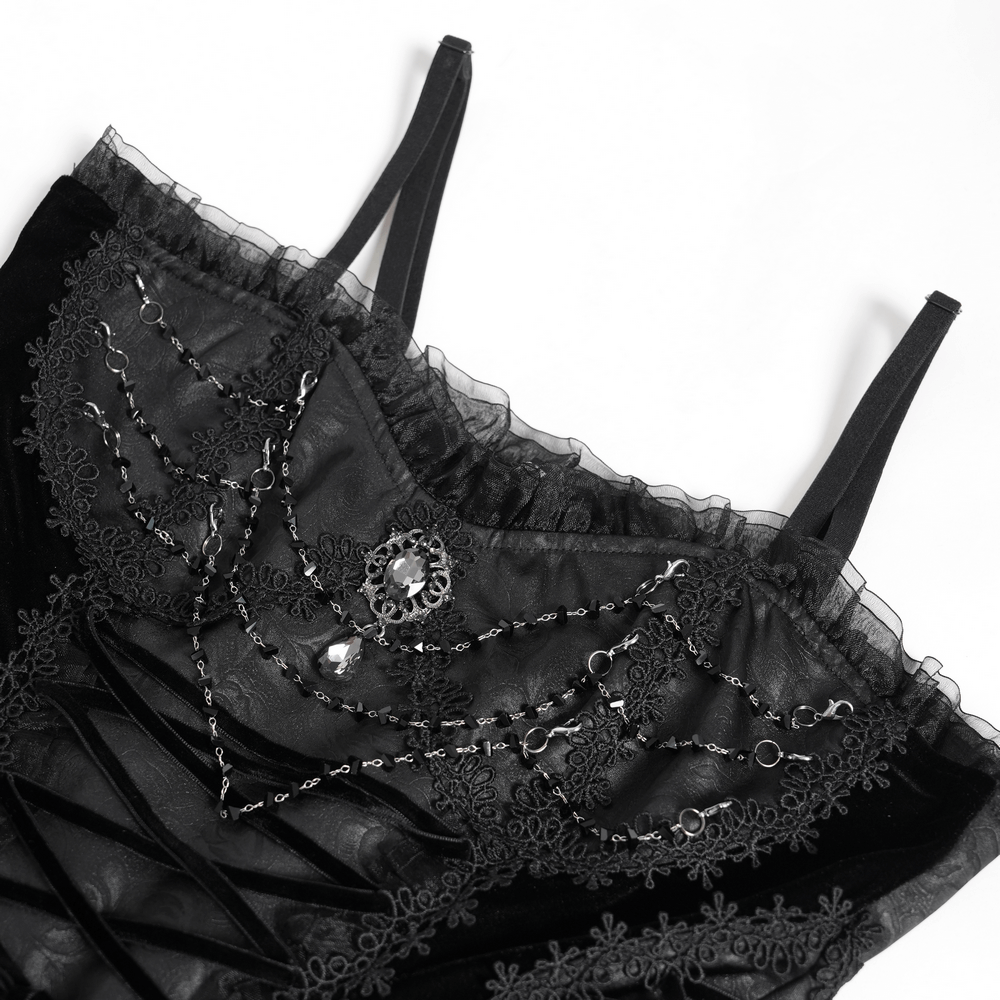 Elegant black lace corset featuring intricate beaded details and delicate straps, perfect for a stylish evening look.