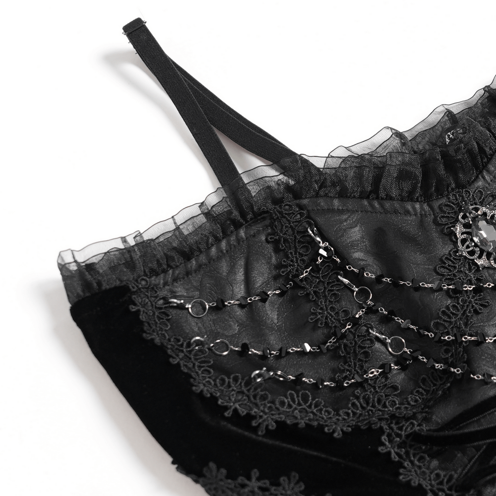 Elegant black lace corset detail close-up, featuring beaded accents and delicate straps for a chic maxi dress look.