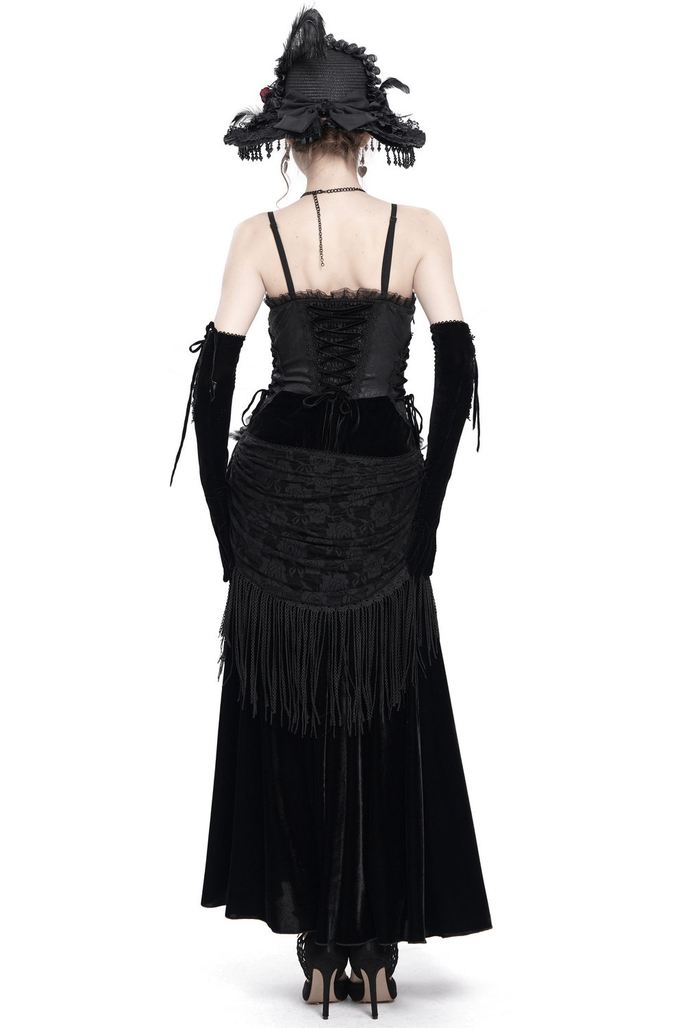 Elegant black maxi dress with lace corset and beaded detail, showcasing a stylish back view.