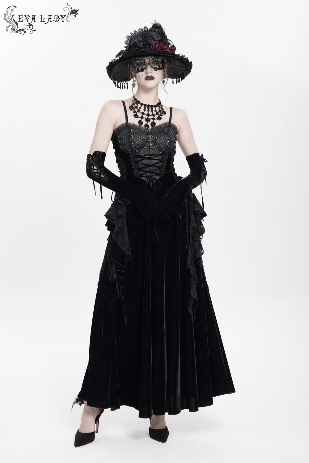 Elegant black maxi dress with lace corset, beaded detail, and glamorous accessories for a striking look.