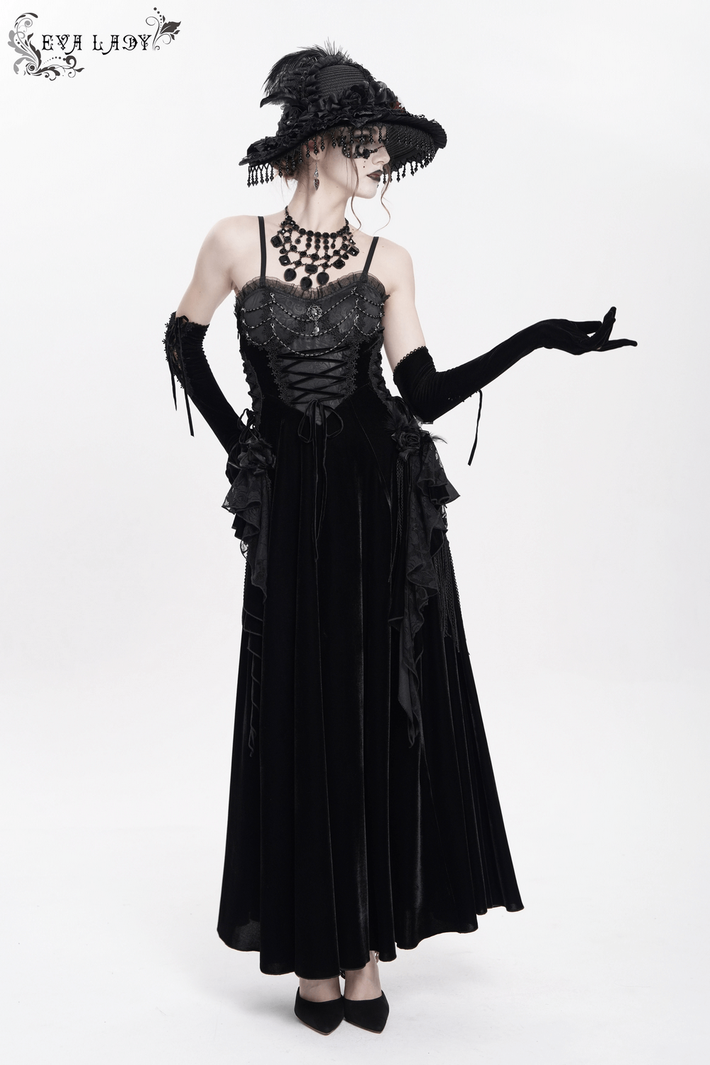 Elegant black maxi dress featuring lace corset and intricate beaded details, perfect for sophisticated occasions.