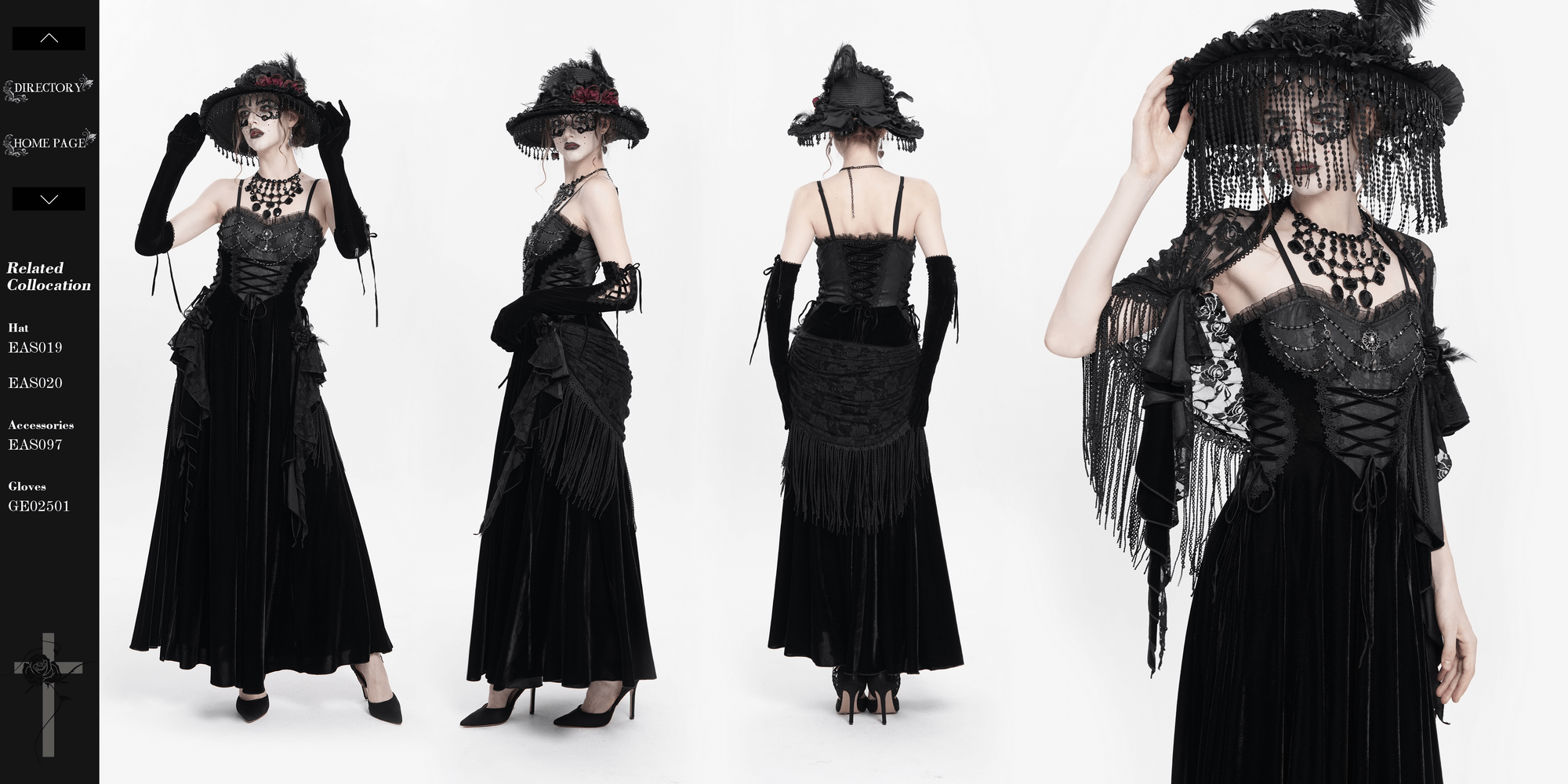 Elegant black maxi dress with lace corset, beaded details, and dramatic hat, showcasing gothic fashion style.