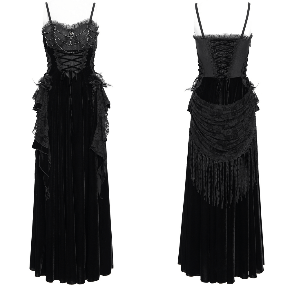 Elegant black maxi dress featuring lace corset and intricate beaded details, perfect for special occasions.