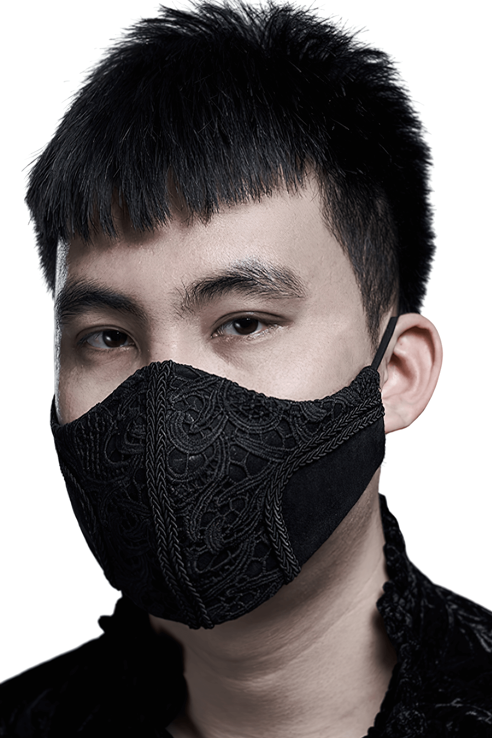 Elegant men's dark grain embroidered lace face mask worn by a model, showcasing intricate design and adjustable fit.