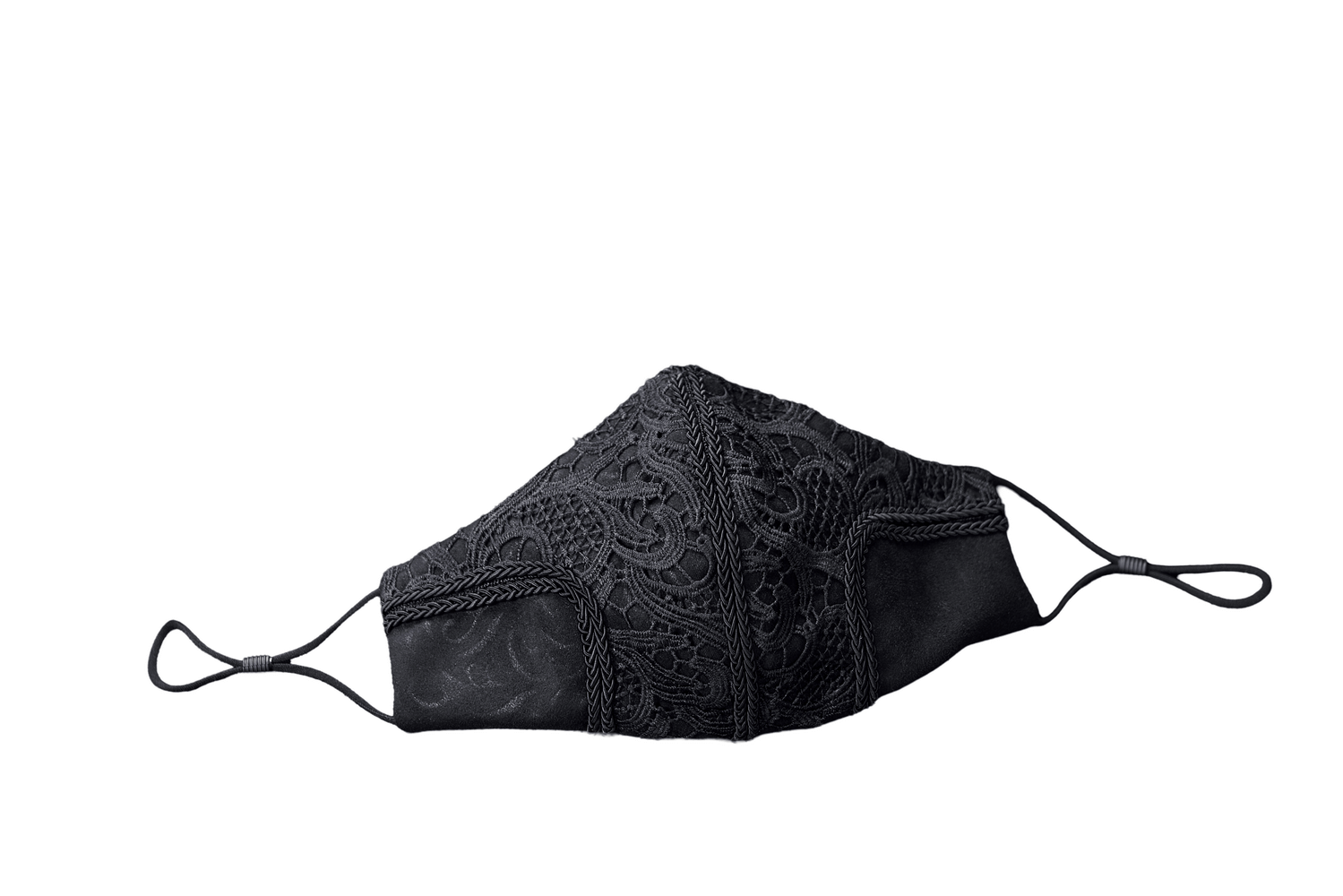 Elegant men's dark grain embossed lace face mask with intricate embroidery and adjustable elastic straps.