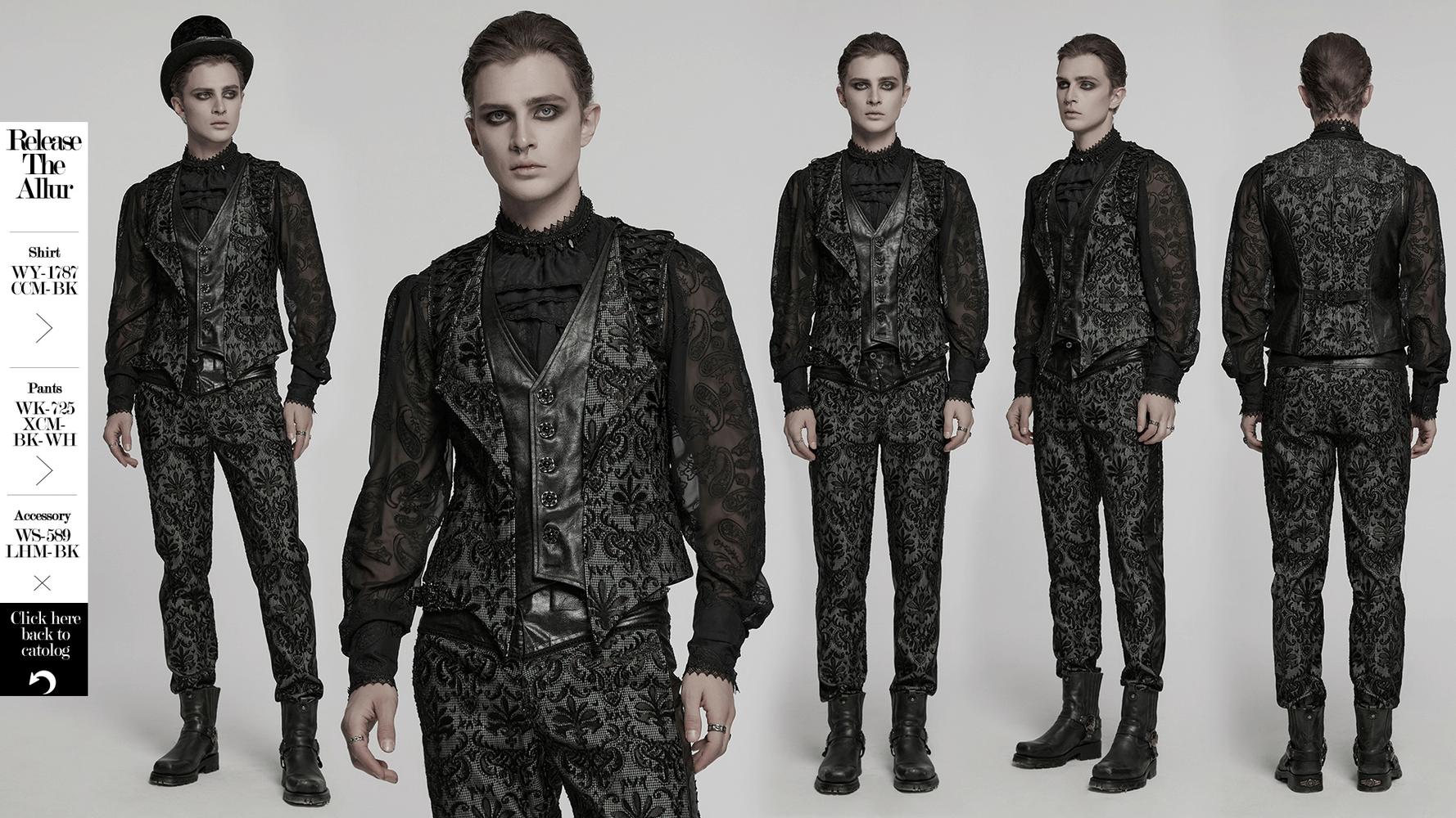 Men's gothic embroidered brocade waistcoat with houndstooth fabric and ornate palace detailing.