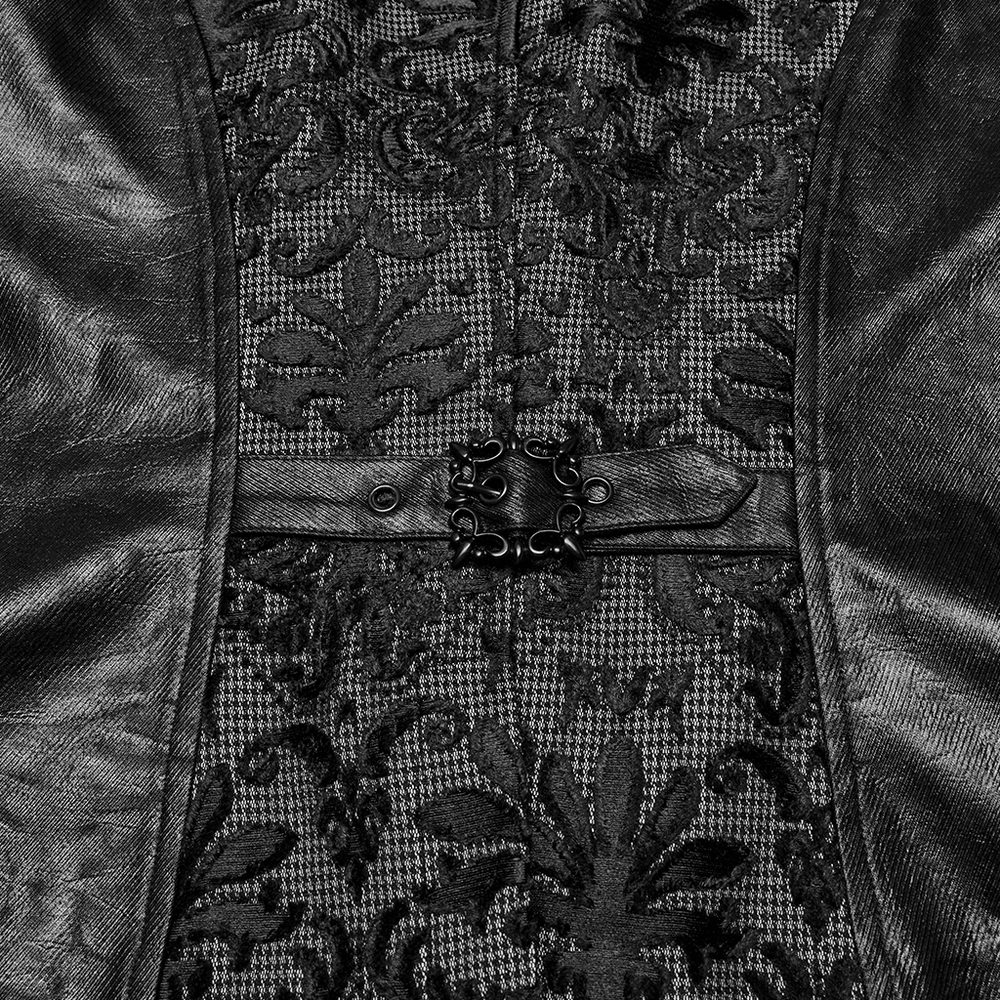 Close-up of Elegant Men's Gothic Embroidered Brocade Waistcoat showcasing ornate embroidery and stylish clasp detail.