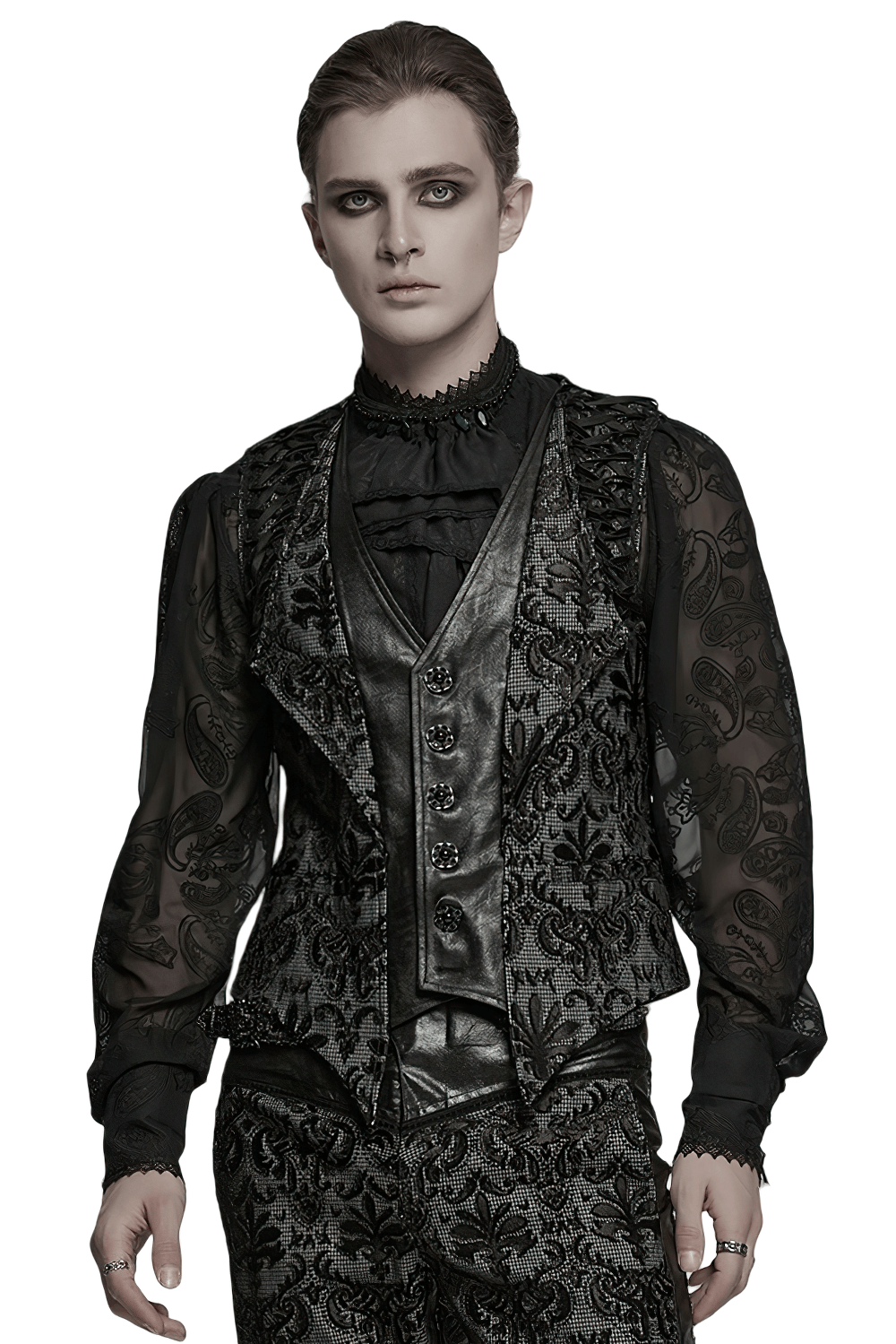 Elegant men's gothic embroidered brocade waistcoat with ornate details and flattering silhouette.