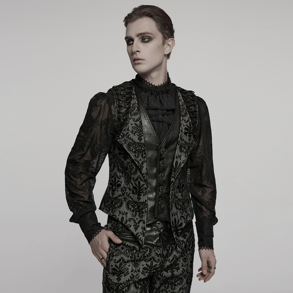 Elegant men's gothic embroidered brocade waistcoat with ornate design and V-cut, perfect for formal and alternative styles.