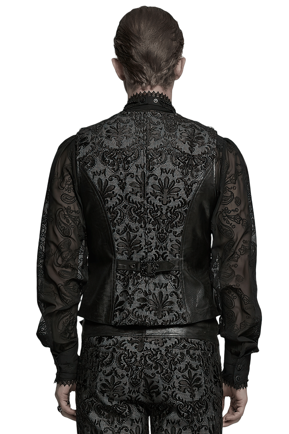 Elegant men's gothic embroidered brocade waistcoat showcasing intricate back design and refined silhouette.