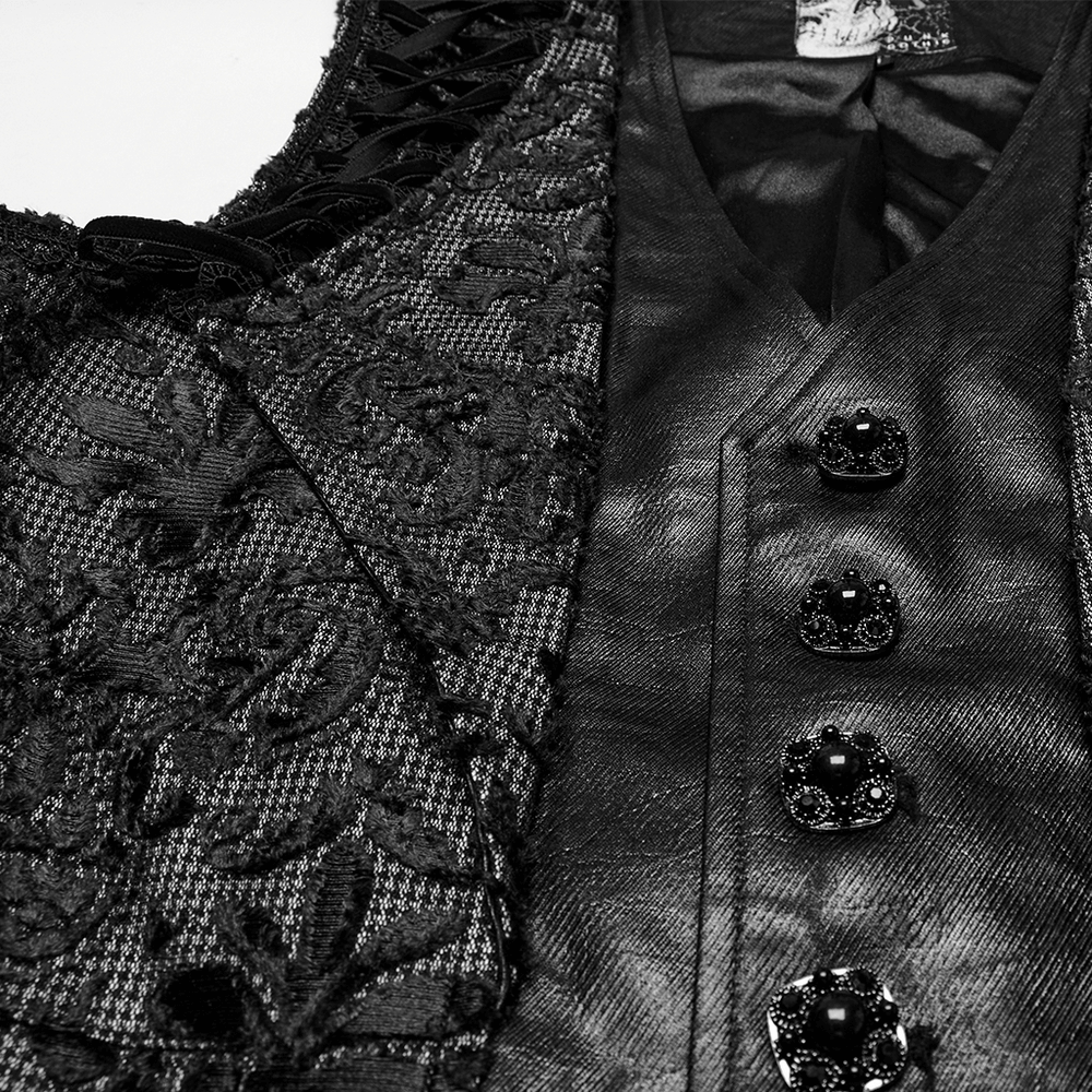 Elegant men's gothic embroidered brocade waistcoat with ornate details and striking black fabric.