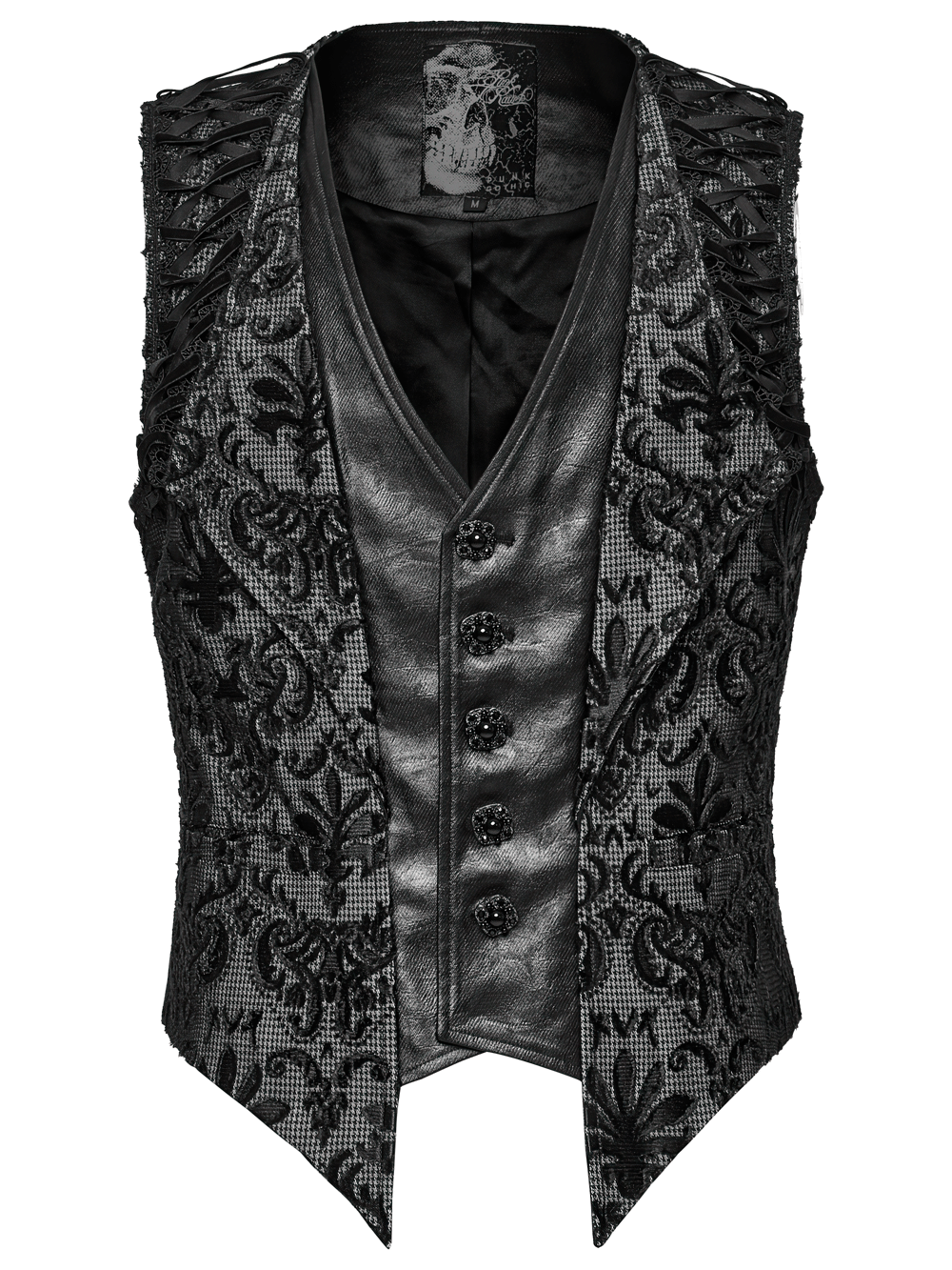 Elegant men's gothic brocade waistcoat with ornate embroidery and V-cut front, perfect for alternative fashion.