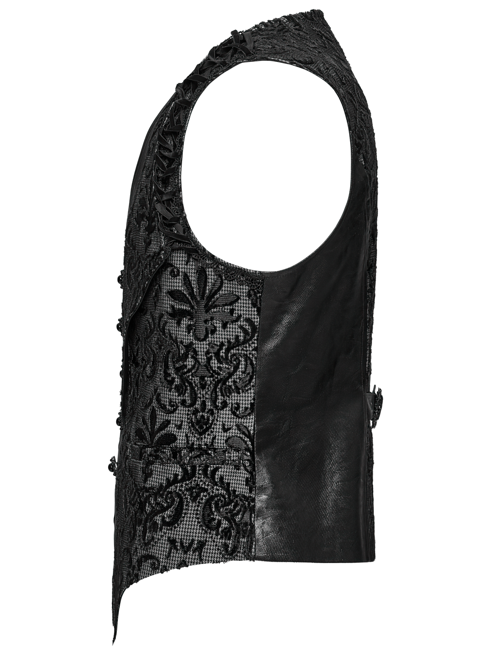 Elegant men's gothic embroidered black brocade waistcoat with ornate detailing and a stylish cut.