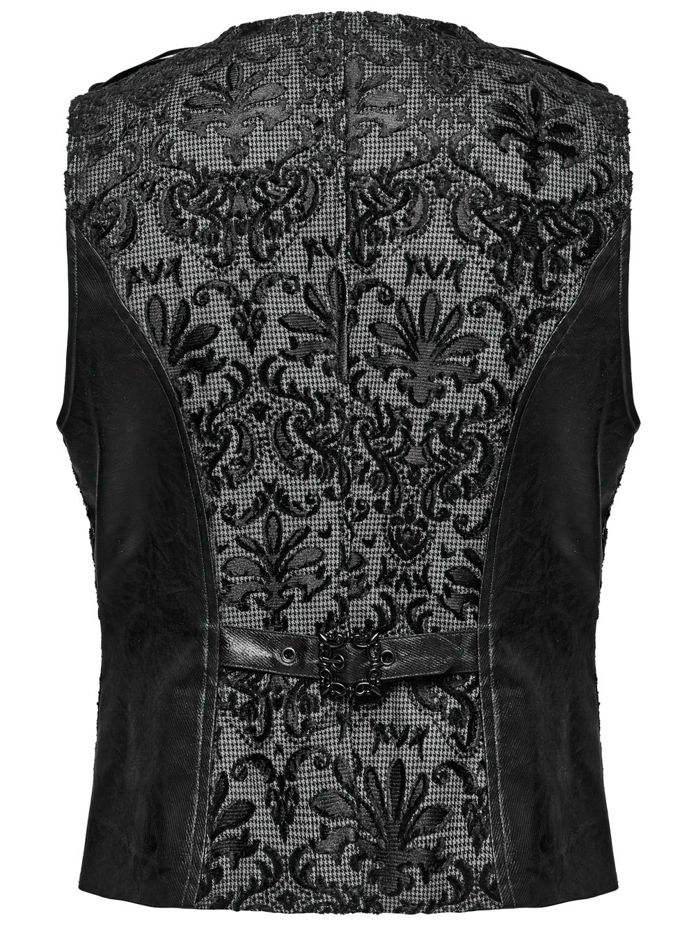 Back view of an elegant gothic embroidered waistcoat for men, featuring ornate designs and an adjustable strap.