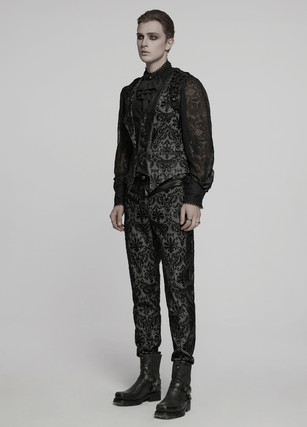 Elegant men's gothic embroidered brocade waistcoat with stylish pants and boots, perfect for alternative fashion.