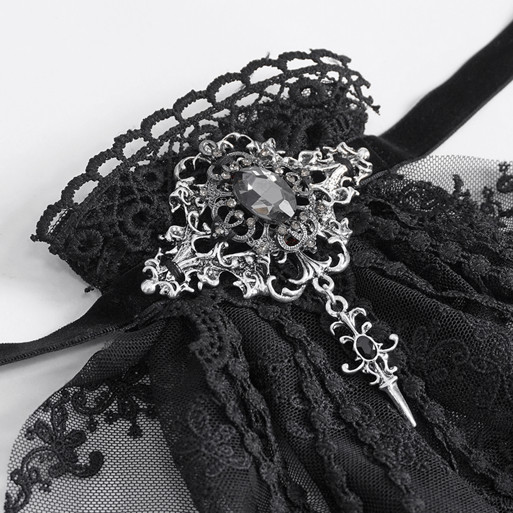 Elegant men's gothic lace collar with ornate jewel brooch and intricate lace details, perfect for dramatic attire.