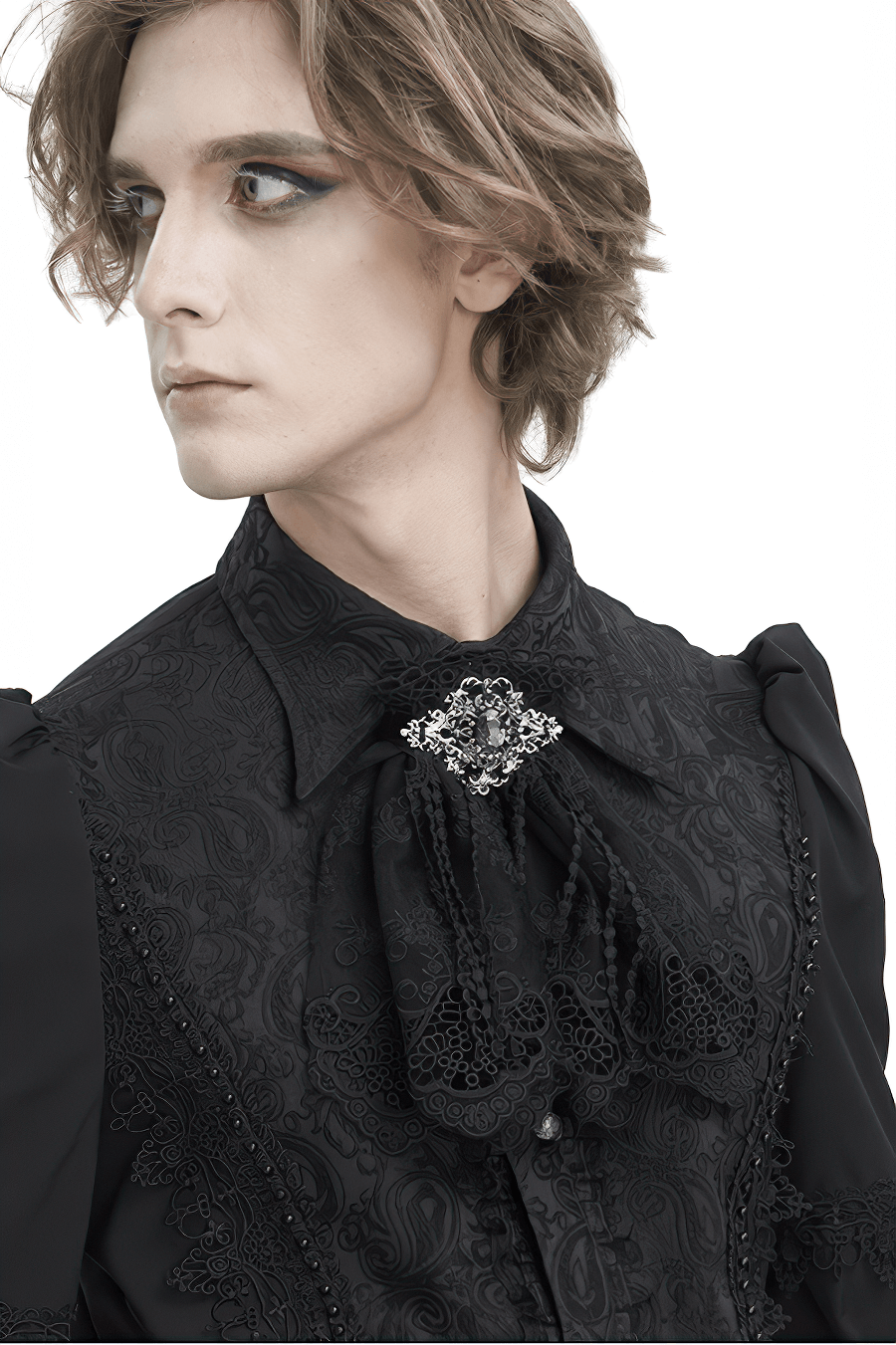 Elegant men's gothic lace collar featuring a jeweled brooch, adding sophistication to any attire.