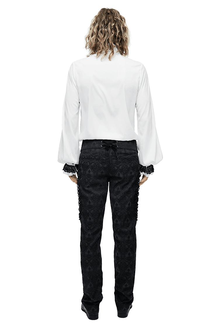 Men's gothic white vintage shirt with chiffon inserts, paired with stylish black patterned pants from the back.