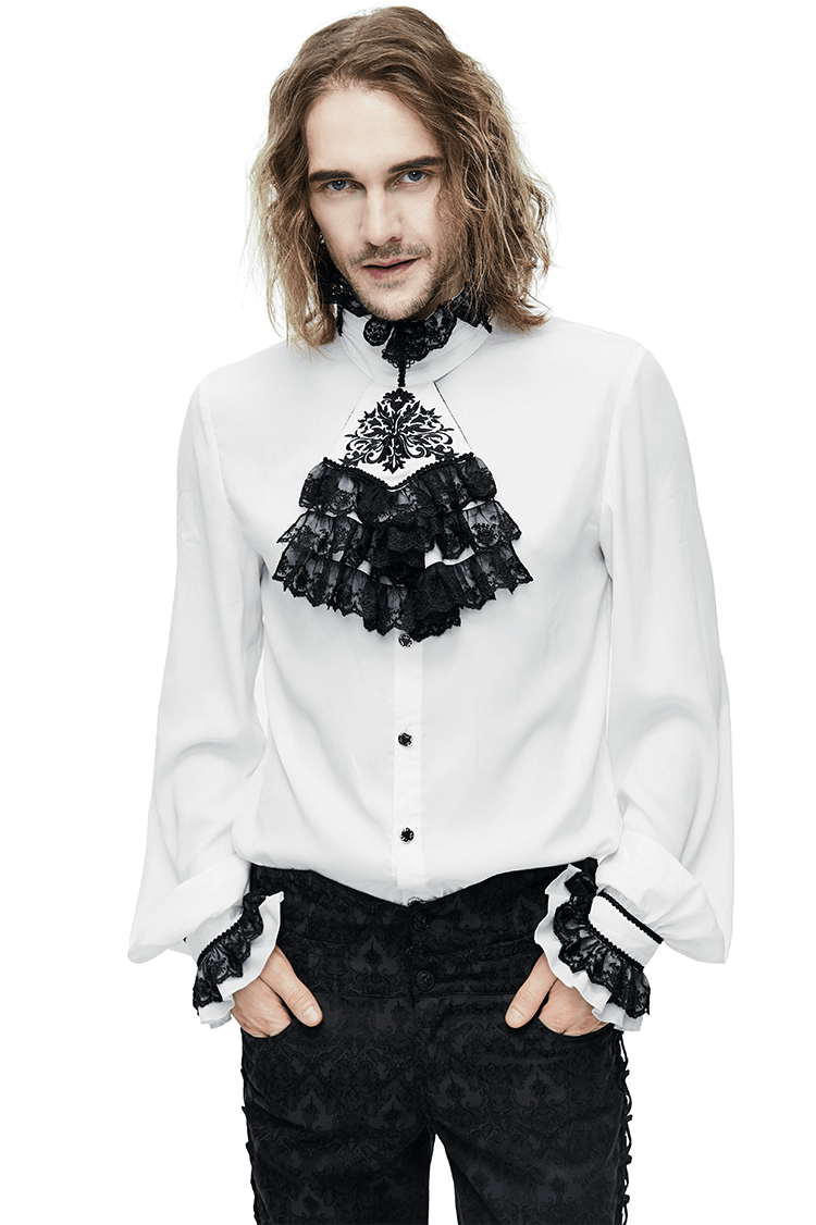 Elegant Men's Shirt with Chiffon Black Tie / Gothic Long Sleeve Shirt with Stand-Collar - HARD'N'HEAVY