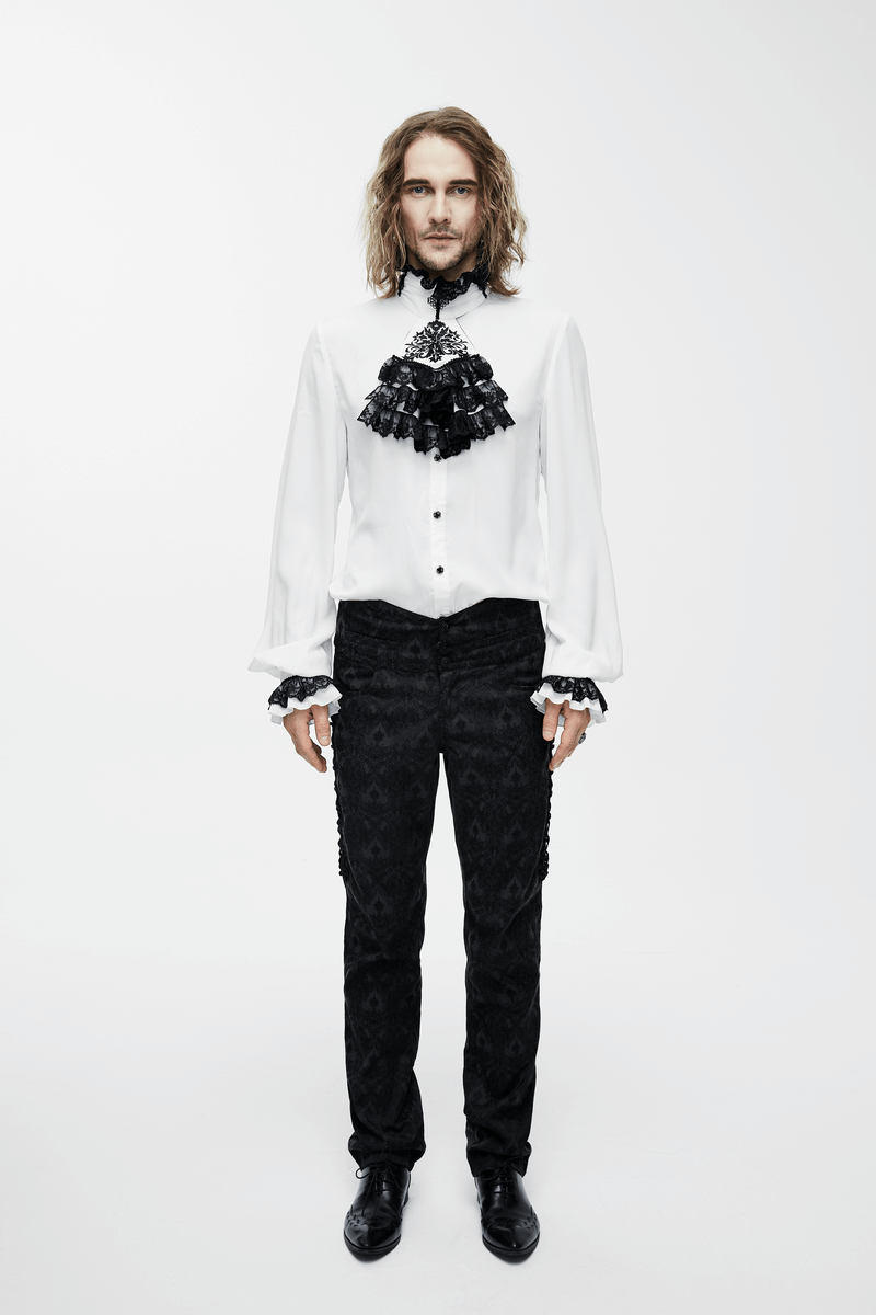 Elegant men's vintage white gothic shirt with black chiffon tie and long sleeves, styled for a dramatic look.