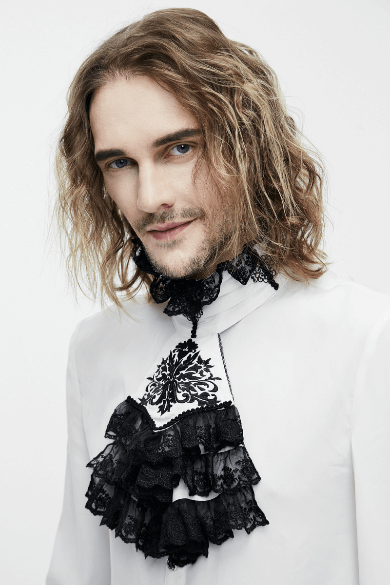 Elegant men's gothic shirt with chiffon black tie and lace detailing, perfect for vintage fashion enthusiasts.