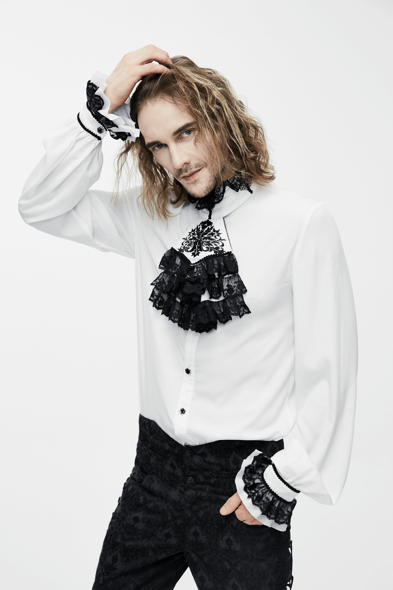 Elegant men's gothic vintage shirt with chiffon black tie and ruffled details, perfect for stylish gothic outfits.
